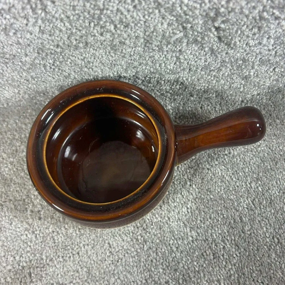 French Onion Soup Bowl Brown Cream Two-Tone Stoneware with Lid Vintage‎